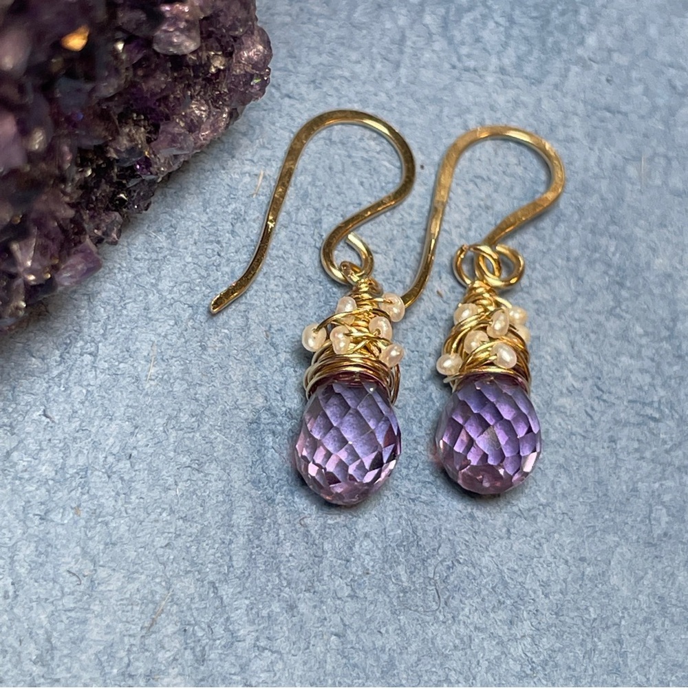 Alexandrite Crystals And Pearls Artisan Earrings 14K Gold Filled - Picture 15 of 16